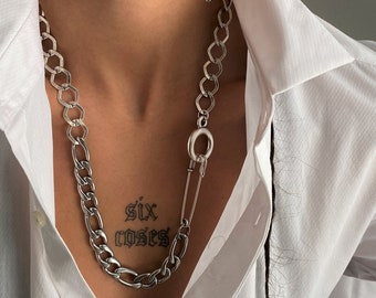 Chunky Mixed Chains Safety Pin Necklace, Silver Safety Pin