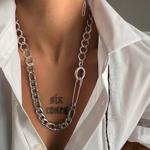 Chunky gemischte Ketten Sicherheitsnadel Halskette, Silber Sicherheitsnadel Halskette ODER Brosche Zubehör, Damen Statement-Rock-Stil Doppel-Kettenhalskette