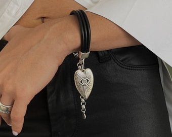 Evil Eye Triple Leather Bracelet• Adjustable Chunky Love Bracelet• Dangling Heart Bracelet• Good Luck Charm Bold Bracelet by AnAngelsHug