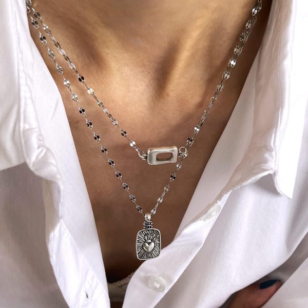 Dainty Mexican heart chain necklace, stacking geometric charm choker, flaming heart pendant, layered square tag sacred heart chains pendants