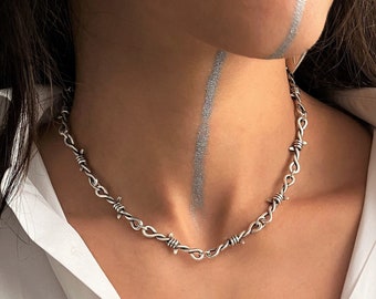 Silver barbed wire adjustable chain necklace, womens pointy barb chain necklace, aggressive wire wrapped choker, Punk rock  twisted choker