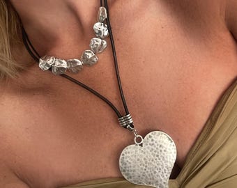 Silver large heart necklace, chunky hammered heart pendant, Silver beads leather choker, womens layering heart necklace, valentine&#39;s gift
