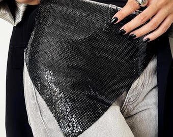 Cinturón de malla gruesa con forma de bufanda para la cintura, joyería de moda: elegante accesorio de cadena de malla ajustable negra para el vientre.