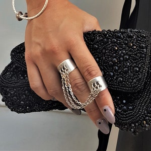 Connected chain ring set, antique silver triple chain knuckle ring set, multi ring chain stacking rings set, adjustable double chain ring