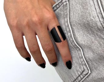 Matte black adjustable wide band ring, minimal spike open ring, womens black statement ring, black rock style ring, womens black jewelry