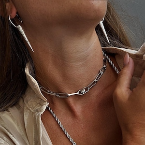 Damen-Edelstahl-Kettenhalsband, Rechteck-Gliederhalsband, klobiges Kettenhalsband, verstellbarer Peperclip-Halsband, dickes Kettenhalsband