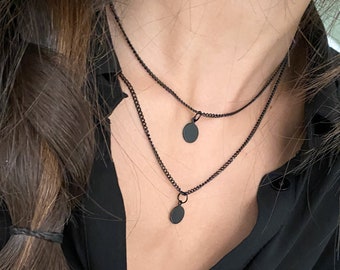 Black coin womens necklace, black chain disk pendant, matte black necklace, rocker pendant, grunge style necklace, minimal black necklace