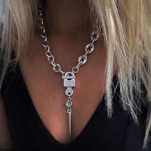 Massive chain sharp padlock Swarovski necklace, antique silver lock and key Swarovski edgy necklace, chunky luxurious choker, Christmas gift