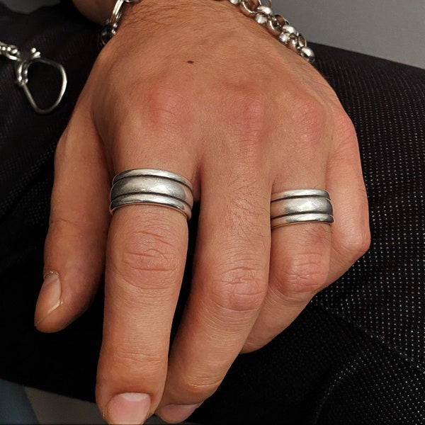 Heren eenvoudige drie lijnen brede band ring, antieke zilveren alledaagse gladde pink manchet ring, gegraveerde moderne rock open ring, vriendjes cadeau idee