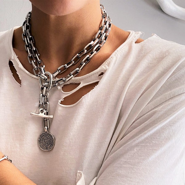 Bold stainless steel chain Phaistos pendant, long statement Phaistos necklace, Ancient Greek coin necklace, chunky links Greek disc choker