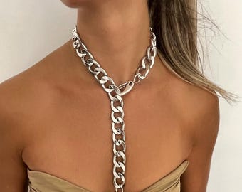 Silver extra lightweight carabiner choker necklace, XL aluminum chain unisex necklace, curb chain oversized glossy chunky choker, women gift