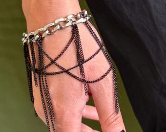 Statement Silver Black Mixed Dangling Chains Bracelet: Glam Rock Style Stainless Steel Curb Chains with Toggle Clasp