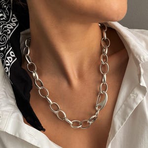 Oversized chain dog clip clasp necklace, silver bulky chain bold lobster claw necklace, oxidized silver choker wrap necklace, gift for her