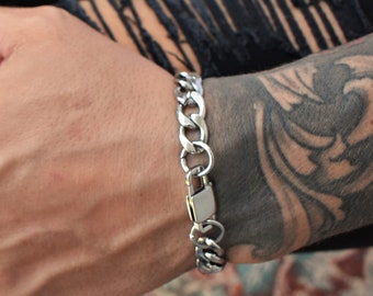Minimal miami cuban link mens bracelet, mens stainless steel solid chain bracelet, mens silver chain hip hop style bracelet, gift for him