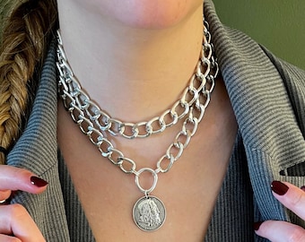 Silver large coin necklace, extra lightweight chain ancient disc pendant, double aluminum curb chain coin choker, big poseidon coin choker