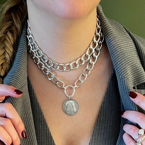 Silver large coin necklace, extra lightweight chain ancient disc pendant, double aluminum curb chain coin choker, big poseidon coin choker
