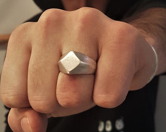 Rustic silver adjustable rhombus mens signet ring, geometric distressed ring, solid dull chevalier ring, statement rock style unisex ring