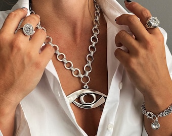 Silver large evil eye protection necklace, antique silver chunky chain bold evil eye choker, evil eye rock style necklace, statement choker