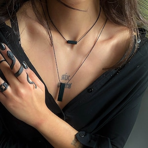 Matte black bar necklace, small black chain tube choker, double chain black necklaces, bold black jewelry, vertical rectangle bar necklace