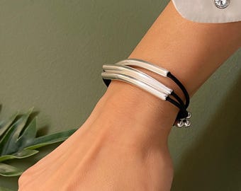 Unique Triple Strand Leather Cuff: Silver Tube Bead Wrap Bracelet
