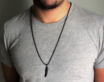 Men's Oxidized Feather Pendant• Black Feather Chain Necklace