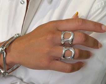 Wide Chunky Silver Contemporary Cutout Open Ring: Stainless Steel Waterproof Sculptural Band Ring