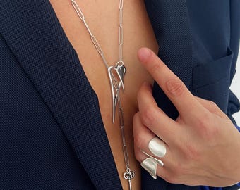 Womens silver paperclip chain lariat necklace, heart and key charm long chain pendant, rock style necklace, pointy sharp pendant necklace