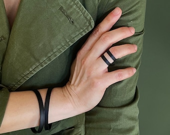 Womens black double line minimal ring, matte black knuckle ring, stackable open midi ring, black geometric band ring, womens gift, gift idea