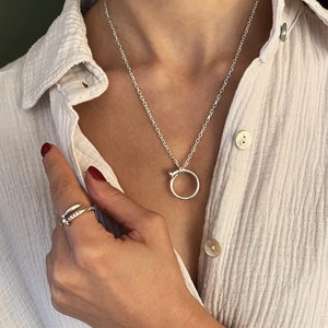 Dainty Sterling Silver Necklace Ring Set• Solid Silver Edgy Pendant• Unisex Screw Ring• Shiny Stacking Ring Necklace• Gift for Her or Him