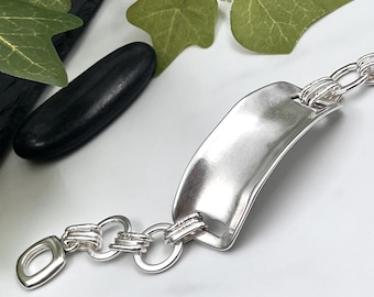 Bold Chunky Wide ID Tag Toggle Clasp Chain Bracelet: Oversized Rock Style Silver Cuff