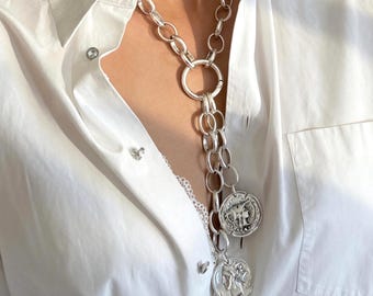 Chunky Antique Silver Greek Goddesses Coins Y Shape Lariat Chain Necklace: Athena and Persephone Charms