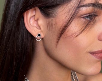 Minimalist Round Black Enamel Stud Earrings: Modern Design Sleek Silver Earrings