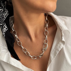 Oversized chain dog clip clasp necklace, silver bulky chain bold lobster claw necklace, oxidized silver choker wrap necklace, gift for her