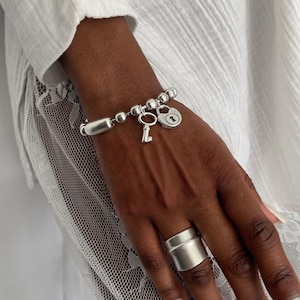 Bracciale da donna con catena a sfere con lucchetto e chiave, polsino con catena a sfere in argento, bracciale con catena spessa con lucchetto e chiave, polsino in stile Uno de 50, regalo da donna