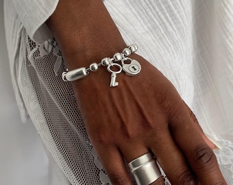 Pulsera de mujer con candado y llave de cadena gruesa, brazalete plateado con cadena de bolas, pulsera de cadena gruesa con candado y llave, brazalete estilo Uno de 50, regalo para mujer