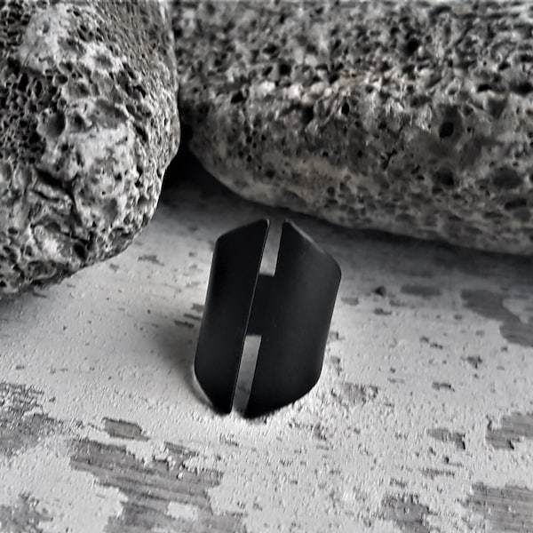 Matte black adjustable wide band ring, minimal spike open ring, womens black statement ring, black rock style ring, womens black jewelry