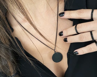 Black oversized coin chain necklace, layering modern rock black round charm pendant, lightweight streetwear large black disc pendant, gift