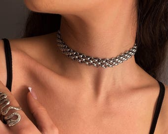 Chunky ras du cou en cotte de mailles en acier inoxydable : collier imperméable tendance en argent