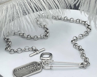 Unique Silver ID Tag Safety Pin Necklace• Rolo Chain Statement Pendant• Edgy Rock Style Choker• Abstract Choker AnAngelsHug• Birthday Gift
