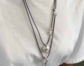 Statement Layered Hammered Compass & Cross Pendants: Long Cord Necklaces