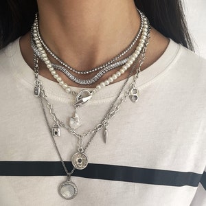 Multi-Layered Chains TENNIS CRYSTAL Necklaces• Pearl Statement Necklace• Round Disc Shell Pendants Set• Zircon Riviera Choker By AnAngelsHug