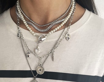 Meerlaagse kettingen TENNISKRISTALLEN kettingen • Parelverklaringketting • Set met ronde schijfschelphangers • Zirkoon Riviera Choker van AnAngelsHug