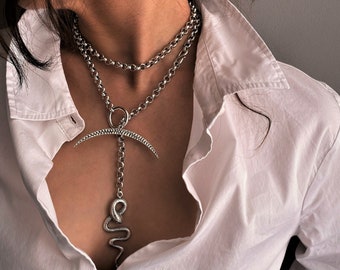 Silver chunky chain lariat snake necklace, unique double strand bold chain choker, statement snake and crescent necklace, rock style choker