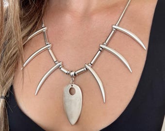 Set Of Two Silver Layered Pointy Charms and Foxtail Chain Necklaces: Adjustable - Genuine Leather - Stainless Steel Chain