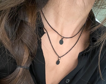 Black coin womens necklace, black chain disk pendant, matte black necklace, rocker pendant, grunge style necklace, minimal black necklace
