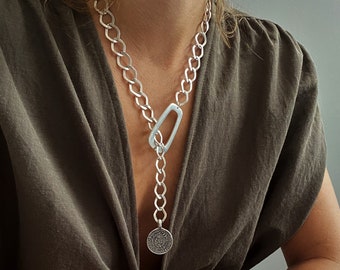 Silver plated statement coin necklace, chunky chain lariat necklace, unique chain Phaistos disc pendant, lightweight adjustable bold pendant