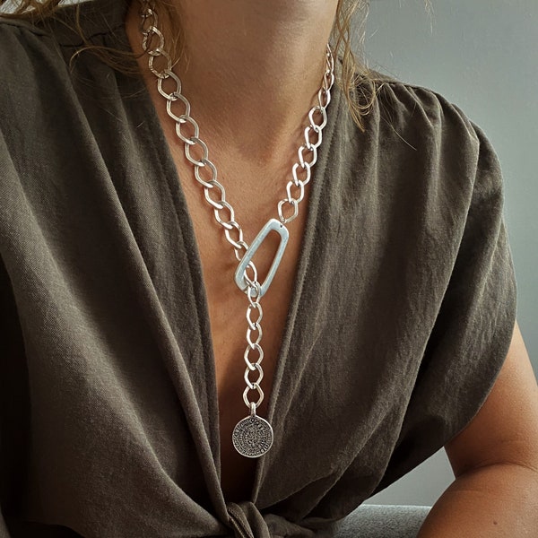 Silver plated statement coin necklace, chunky chain lariat necklace, unique chain Phaistos disc pendant, lightweight adjustable bold pendant