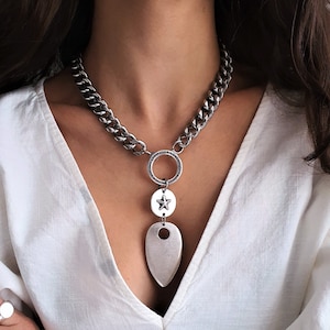 Bold Silver Pointy Shield Pendant Necklace• Stainless Steel Curb Chain O Ring Pendant• Adjustable Star Coin Necklace AnAngelsHug• Gift Idea