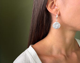 Unique Silver Hammered Dangling Disc Earrings: Antique Silver Lightweight Everyday Wear Hoops