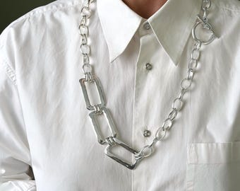 Extra Long Statement Rectangular Chain Link Necklace: Versatile Chunky Oval Chain Toggle Clasp